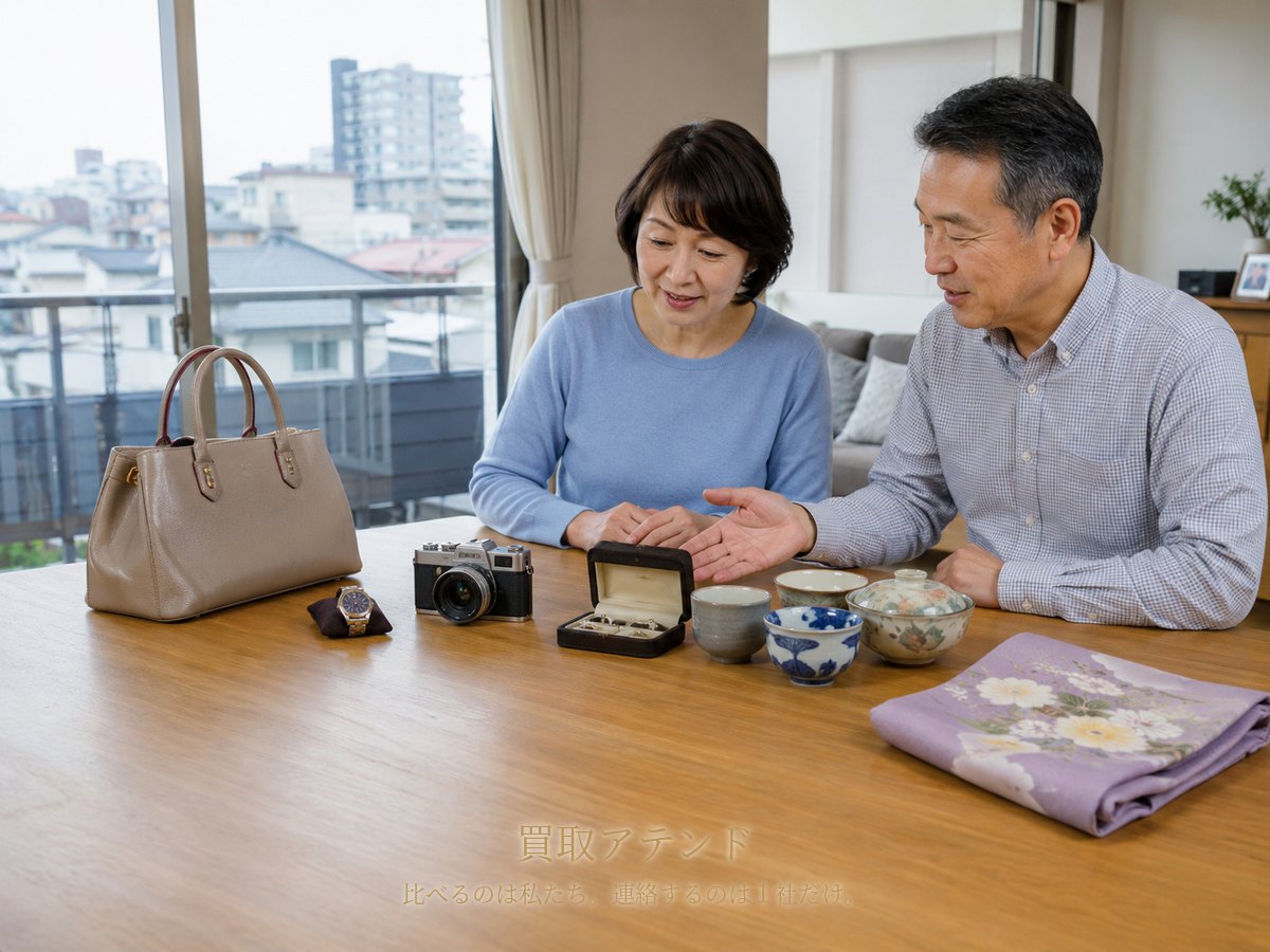 船橋市の集合住宅で日本人夫婦がバッグや時計、カメラ、ジュエリー、食器、着物を確認しているイメージ