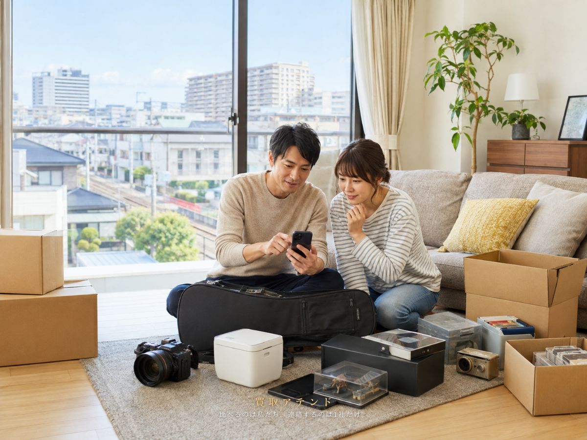 福生市で引越し前の出張買取相談品を整理するイメージ 福生市のマンションで日本人夫婦が引越し前に出張買取へ相談する品物を整理しているイメージ