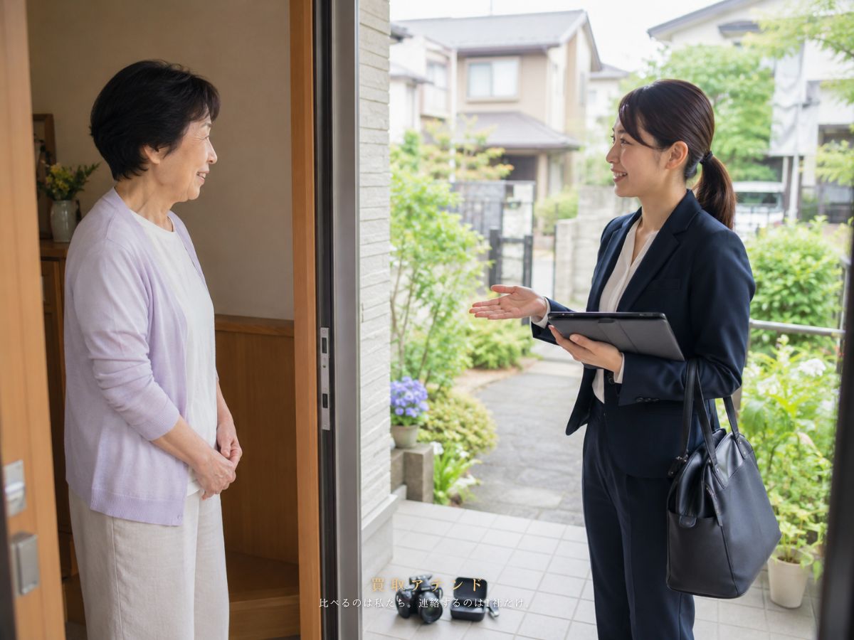 福生市の自宅玄関で出張買取の説明を受けるイメージ 福生市の戸建て玄関で日本人住人が屋外側の出張買取スタッフから査定説明を受けるイメージ