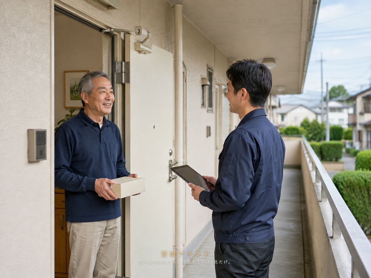 福生市の住宅へ出張買取スタッフが訪問するイメージ 福生市の低層集合住宅の玄関で日本人住人が出張買取スタッフを迎えるイメージ