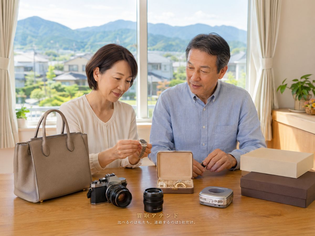 福生市で出張買取を相談できる品物を整理するイメージ 日本人夫婦が福生市の自宅でブランド品や時計、カメラなどの相談品を整理しているイメージ