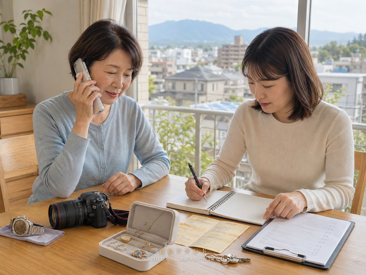 福生市の出張買取相談前に電話とメモで確認するイメージ 日本人親子が福生市の自宅で出張買取相談の品物と建物条件を電話とメモで確認しているイメージ