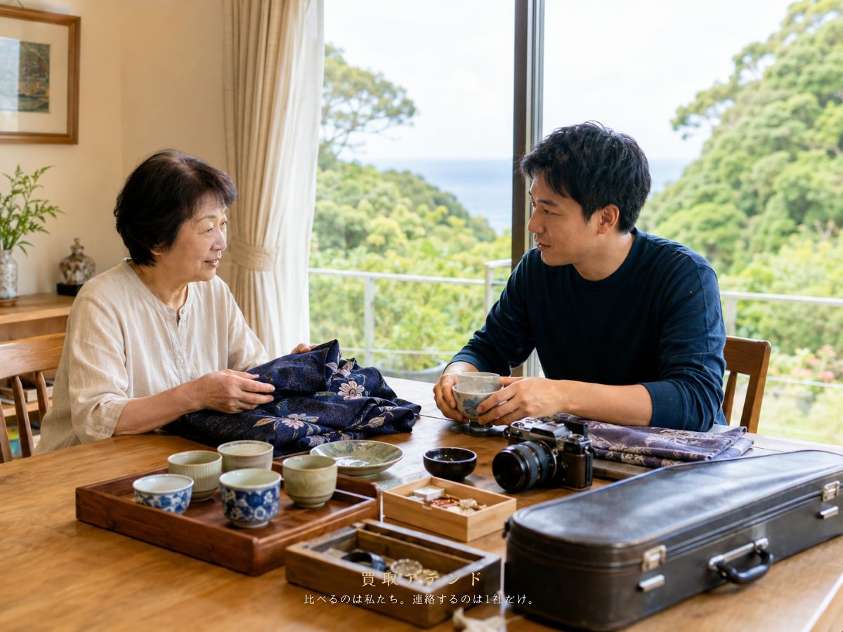 八丈町で出張買取の相談品を整理する日本人親子のイメージ 八丈町の自宅で日本人親子が出張買取の相談品を整理しているイメージ