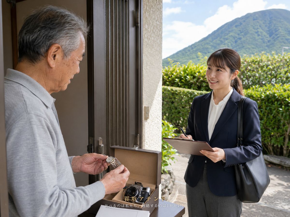 八丈町の住宅玄関で行う出張買取査定のイメージ 八丈町の住宅玄関で日本人スタッフが品物を確認する出張買取のイメージ