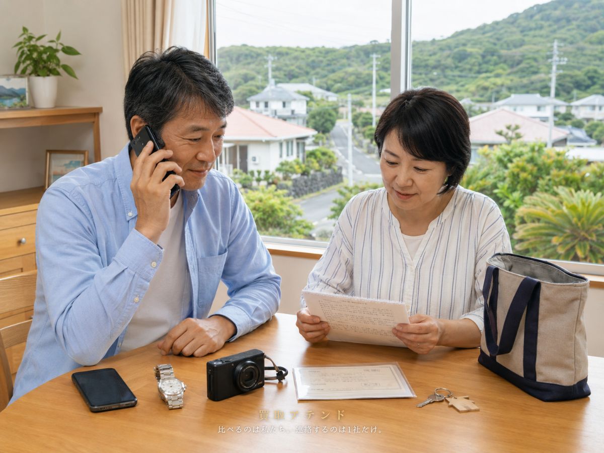 八丈町の出張買取相談前に内容を確認するイメージ 日本人家族が八丈町の出張買取相談内容を電話とメモで確認しているイメージ