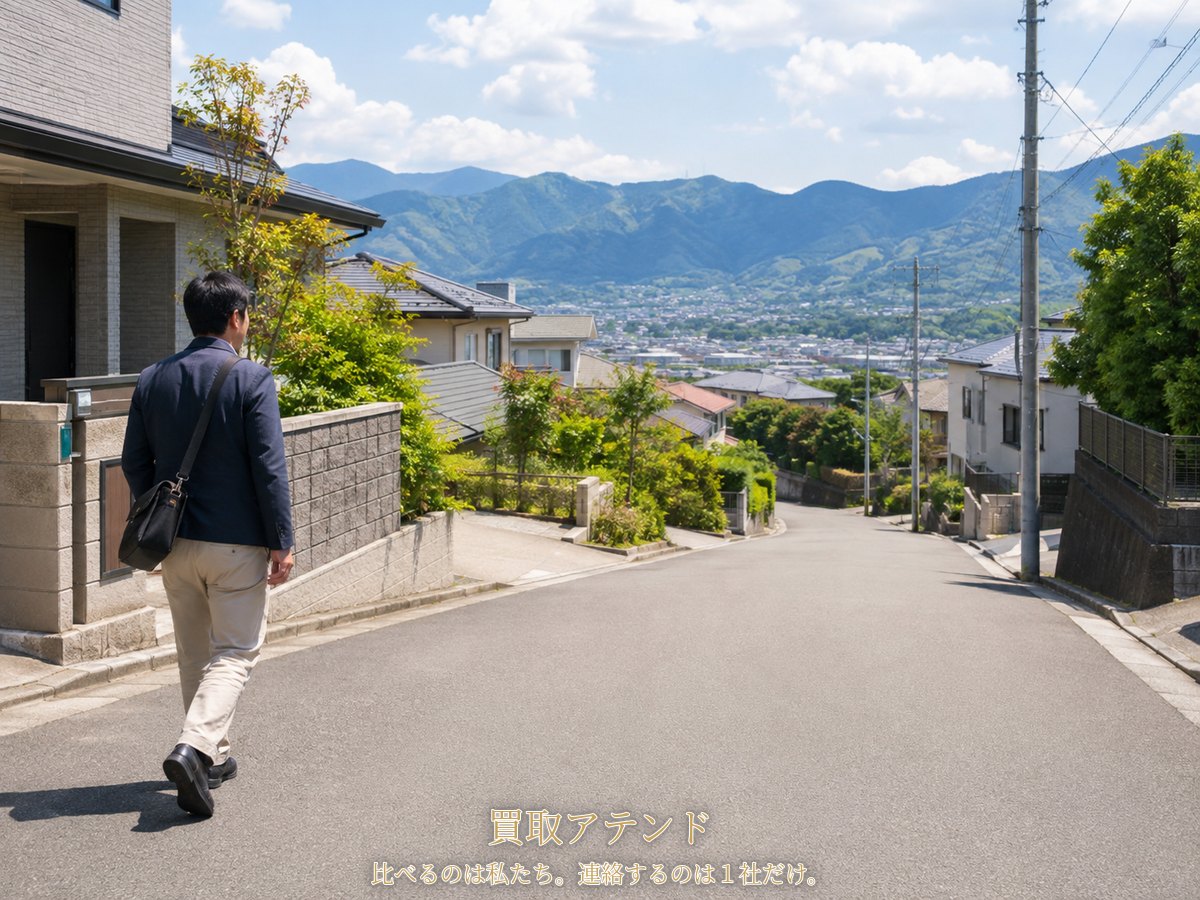 秦野市の住宅街へ出張買取スタッフが訪問するイメージ 秦野市の坂のある住宅街で出張買取スタッフが住宅へ向かっているイメージ