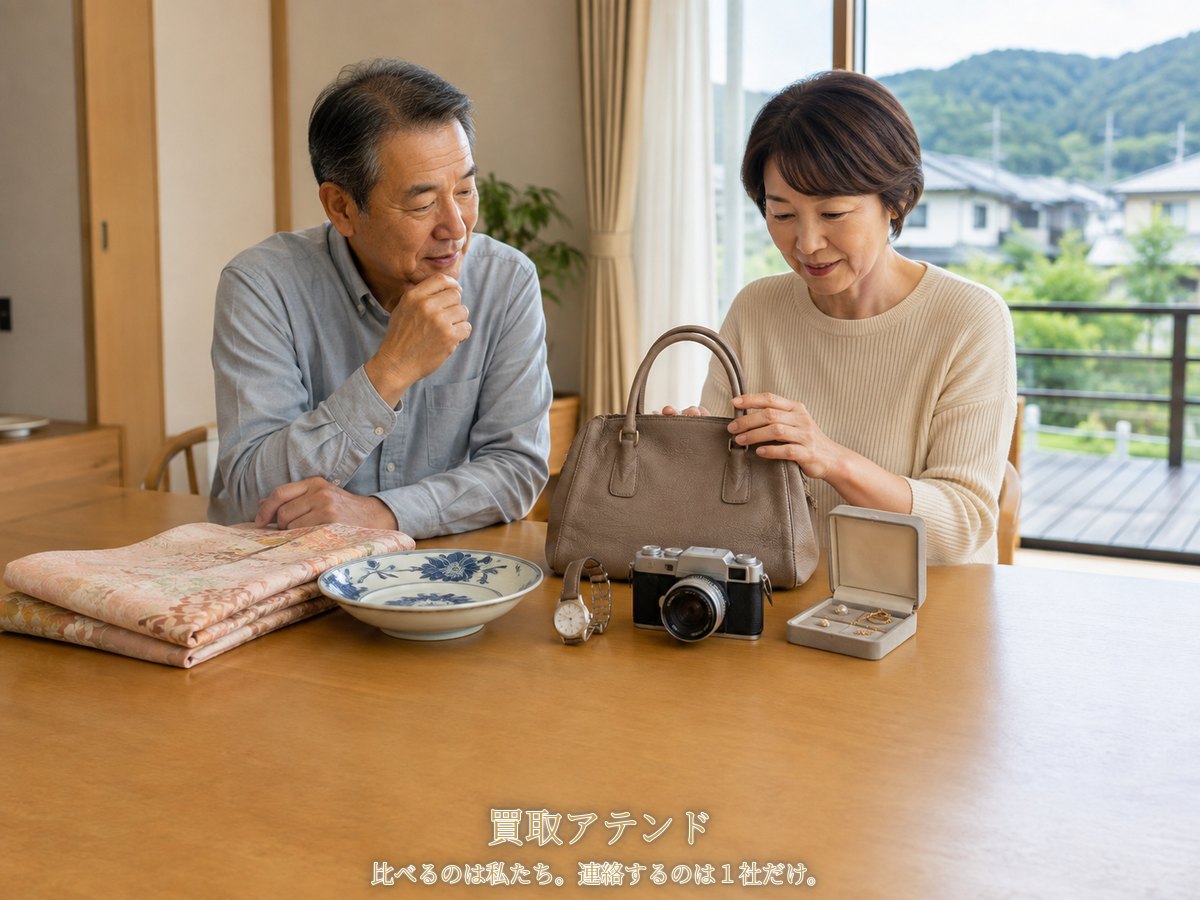 秦野市で出張買取を相談する品物のイメージ 秦野市の自宅で日本人夫婦がバッグや時計、カメラ、食器、着物を確認しているイメージ