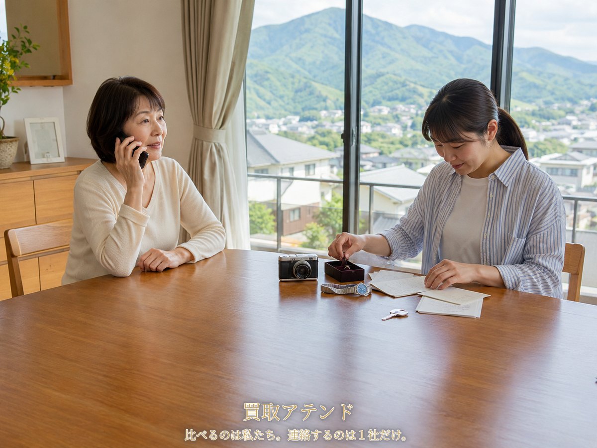秦野市の出張買取相談前に確認事項を整理するイメージ 秦野市の自宅で日本人家族が電話をしながら品物や保証書、鍵、建物条件を確認しているイメージ