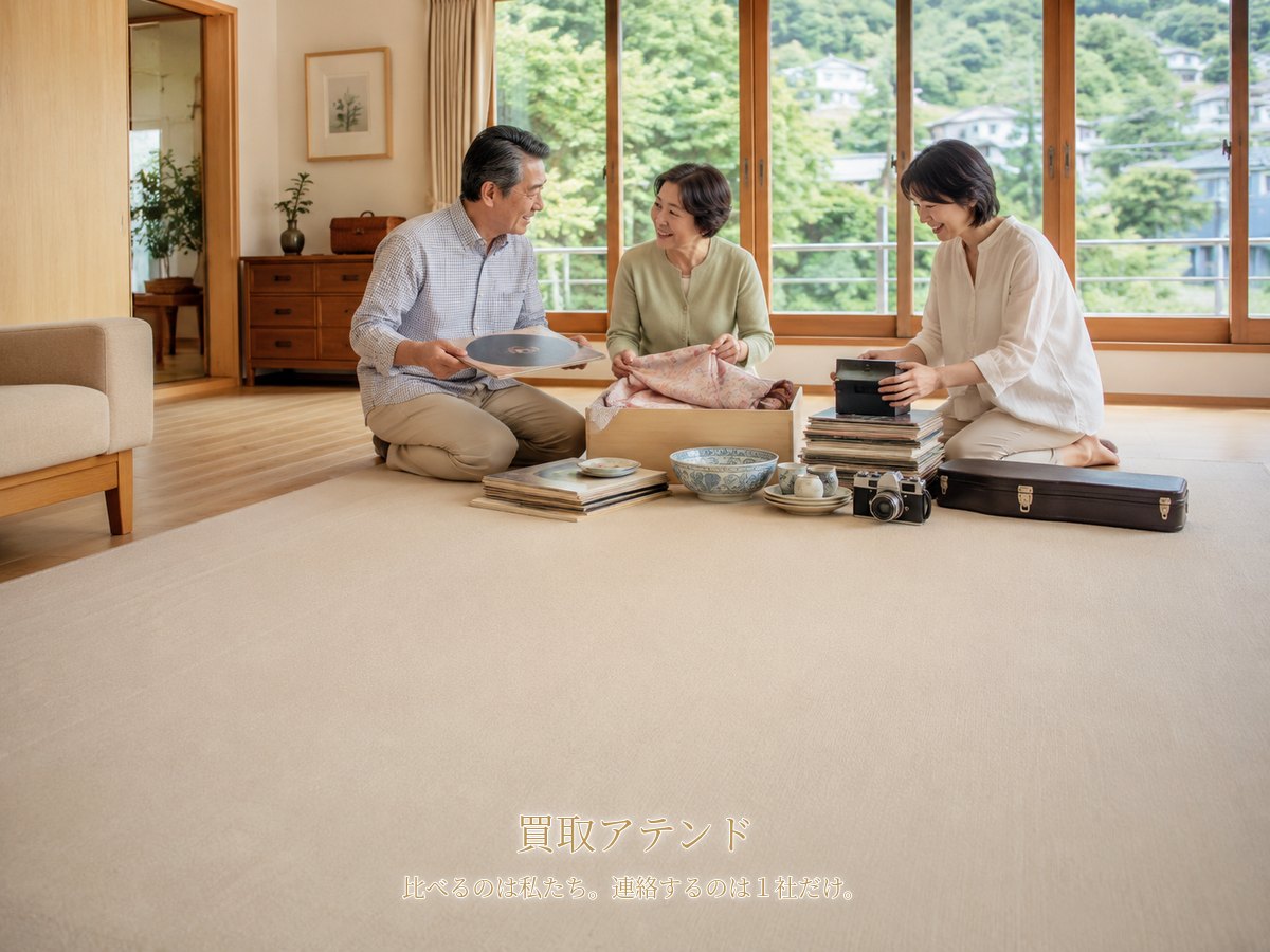 箱根町の自宅で出張買取の相談品を整理する家族 箱根町の山あいの住宅で日本人家族が着物や食器、カメラ、レコードなどの相談品を整理するイメージ