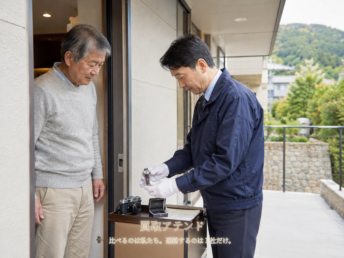 箱根町の集合住宅玄関で行う出張買取査定のイメージ 箱根町の集合住宅の玄関で住人が室内側、紹介先スタッフが共用廊下側から時計を確認するイメージ