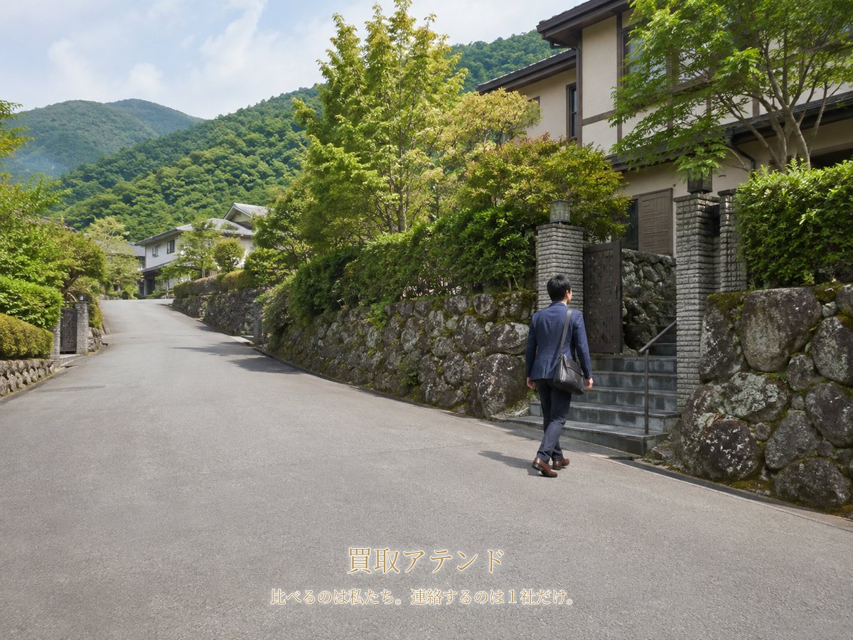 箱根町の坂道の住宅地へ出張買取スタッフが訪問するイメージ 箱根町の坂道と石垣がある住宅地で出張買取スタッフが住宅へ向かうイメージ