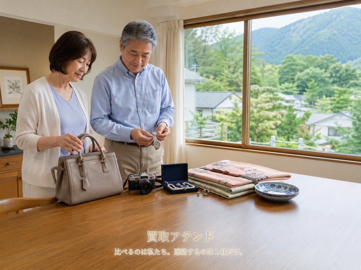 箱根町の住宅で出張買取の相談品を確認する夫婦 箱根町の山あいの住宅で日本人夫婦が時計やカメラ、バッグ、ジュエリー、着物を確認するイメージ