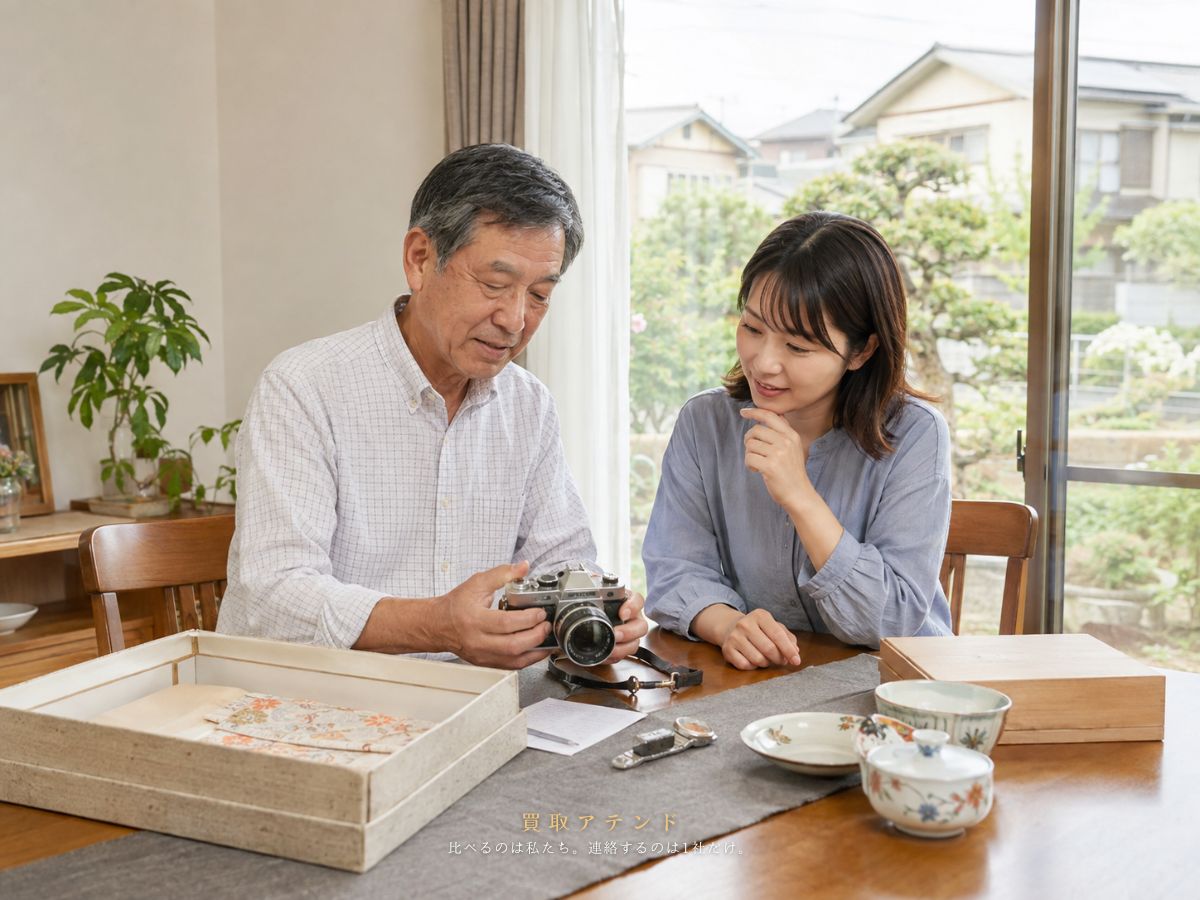 羽村市の戸建てで日本人家族が売却を検討するカメラや時計、食器を確認しているイメージ