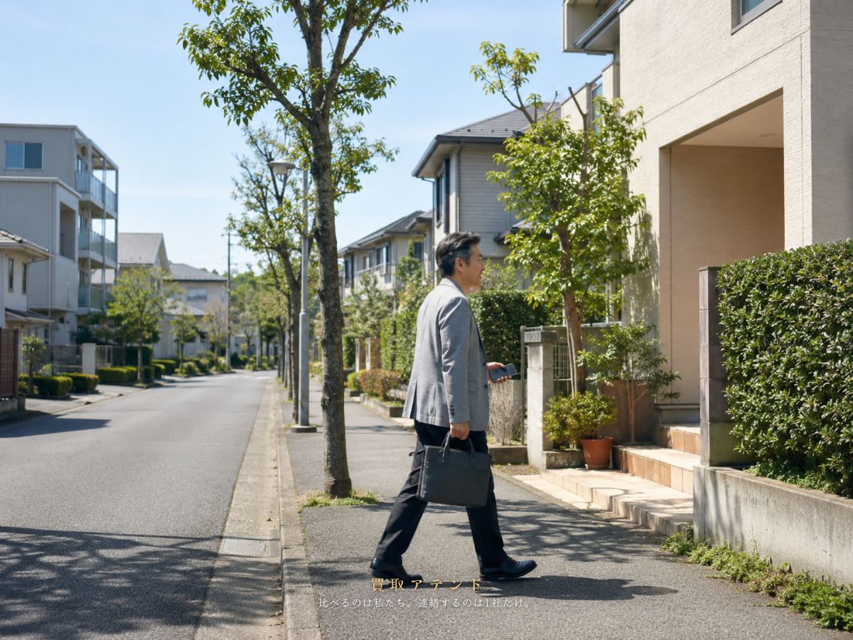 羽村市の戸建てや低層集合住宅が並ぶ地域へ出張買取スタッフが訪問するイメージ