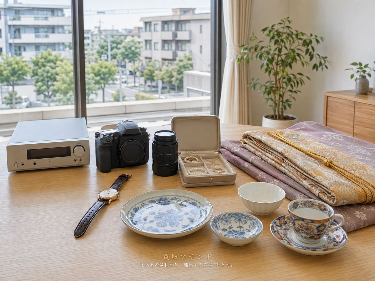 羽村市で出張買取を相談できる時計やカメラ、ジュエリー、着物、食器のイメージ