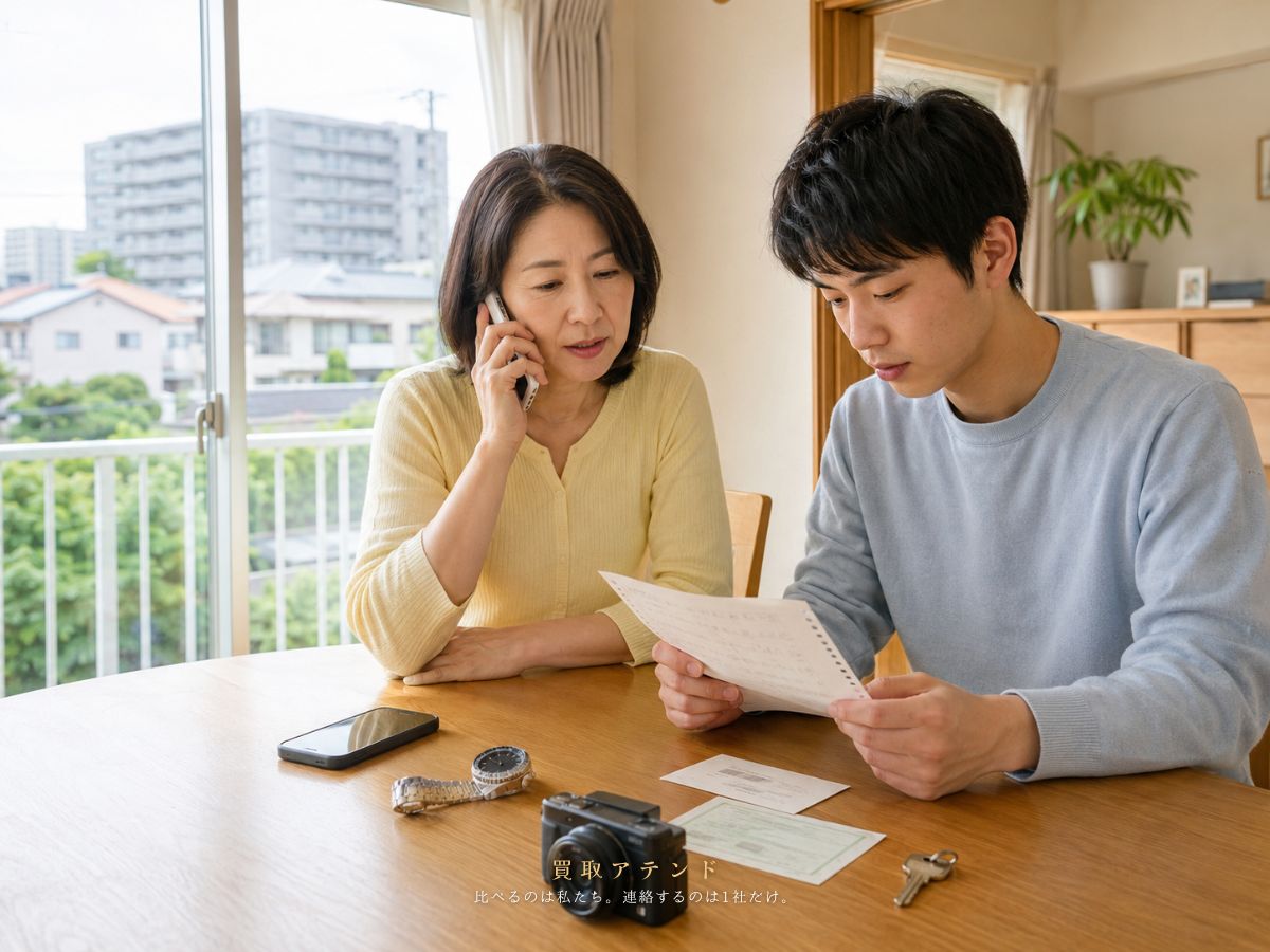 日本人家族が羽村市の出張買取相談内容を電話とメモで確認しているイメージ