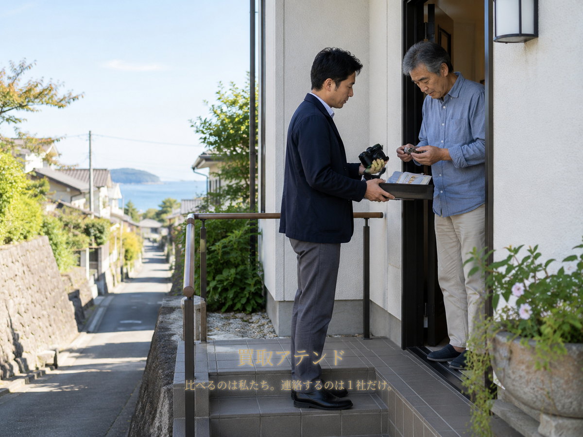 葉山町の戸建て玄関で行う出張買取査定のイメージ 葉山町の坂道沿いの戸建て玄関で住人と出張買取スタッフが時計やカメラを確認しているイメージ