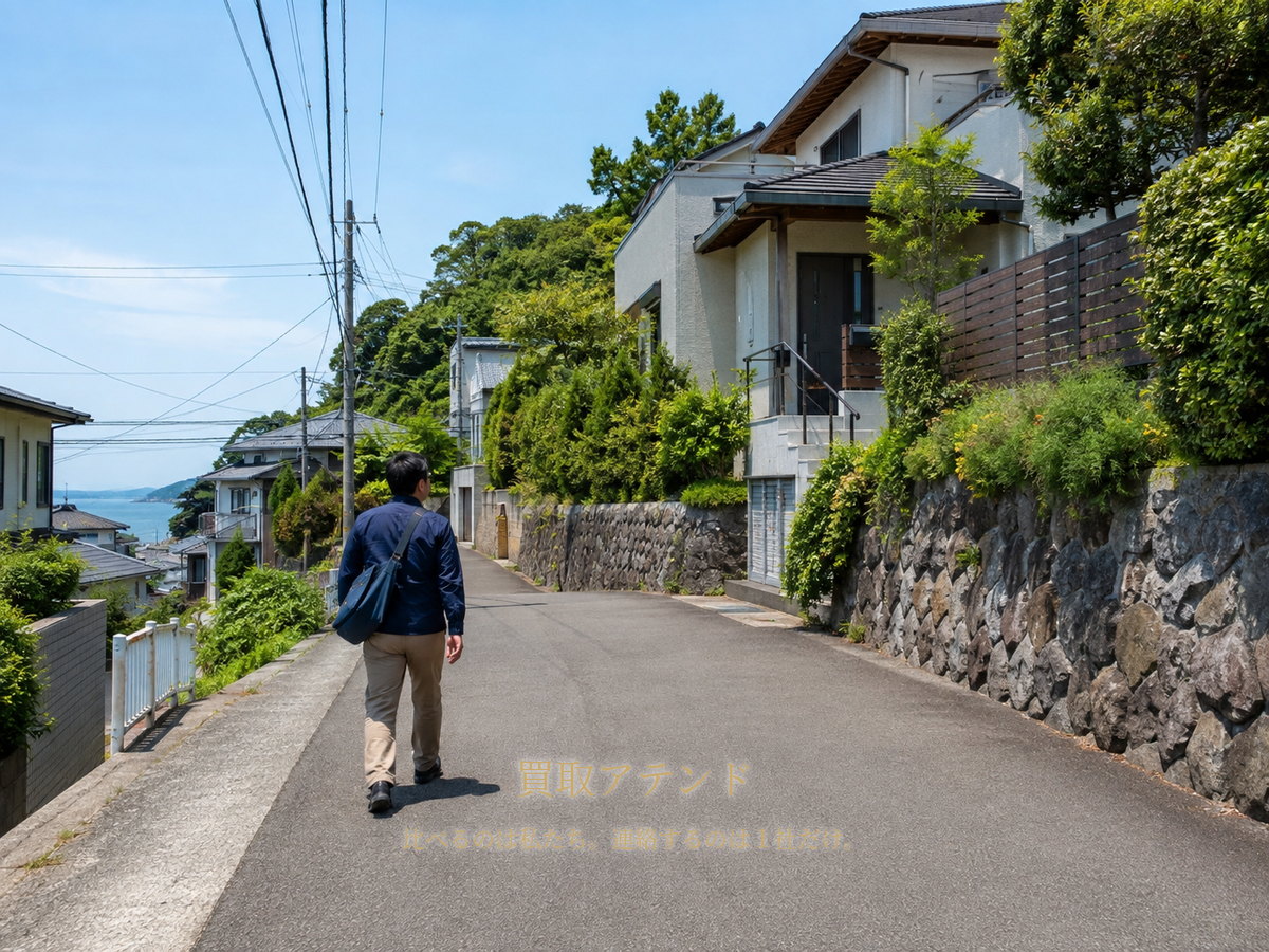 葉山町の住宅地へ出張買取スタッフが訪問するイメージ 葉山町の坂のある住宅地で出張買取スタッフが戸建てへ向かっているイメージ