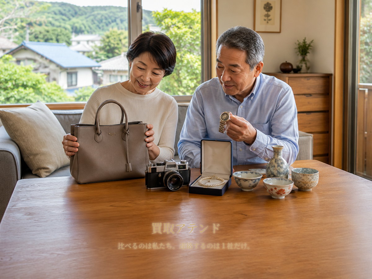 葉山町の自宅で出張買取の相談品を確認するイメージ 葉山町の戸建てで日本人夫婦がバッグや時計、カメラ、ジュエリー、食器を確認しているイメージ