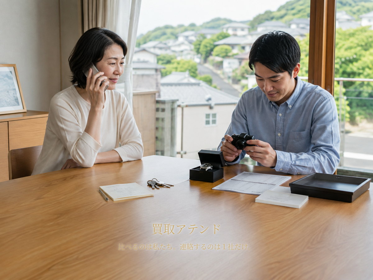 葉山町の出張買取相談前に家族で確認するイメージ 葉山町の戸建てで家族が電話しながら品物や保証書、鍵、建物条件を確認しているイメージ