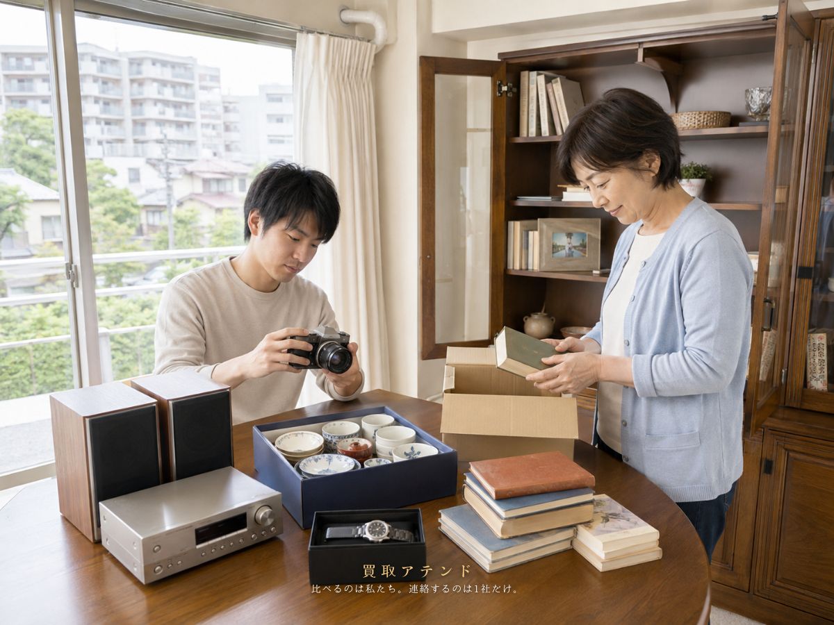 日本人家族が東久留米市の自宅で売却を検討する品物を整理しているイメージ