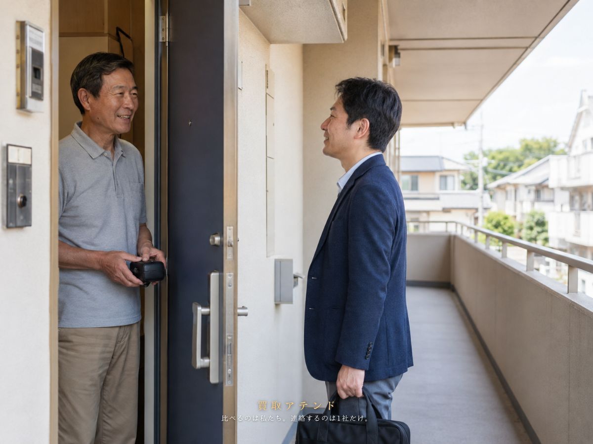 東久留米市の住宅街にある集合住宅の共用廊下で訪問スタッフを迎えるイメージ