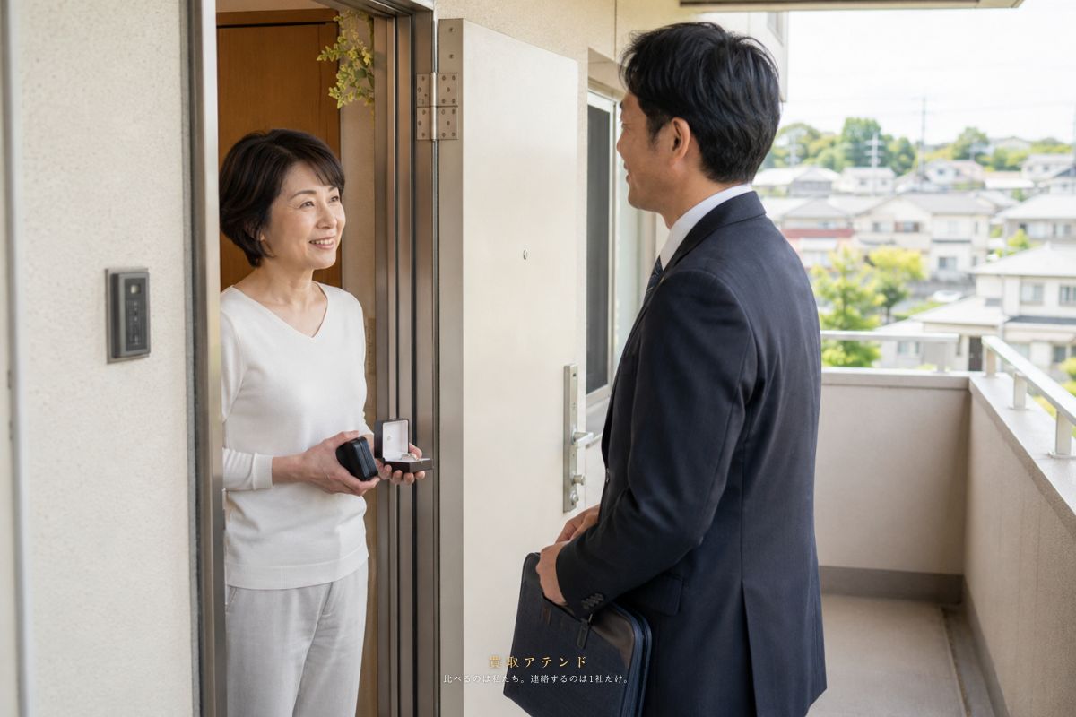 東村山市の集合住宅の玄関で住人と出張買取スタッフが訪問内容を確認するイメージ