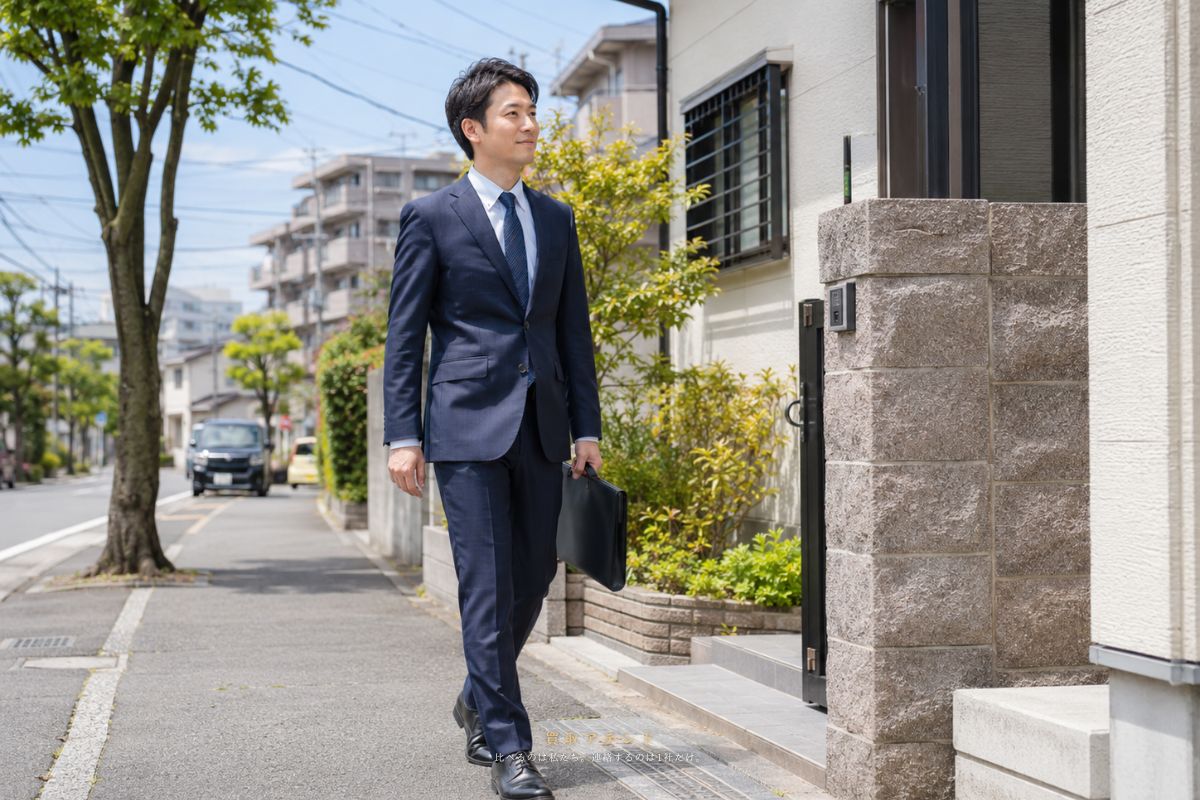 東村山市の住宅街で出張買取スタッフが訪問先へ向かうイメージ