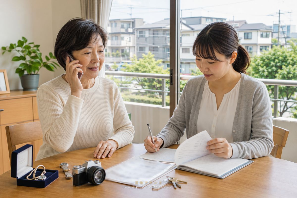 日本人親子が東村山市の出張買取相談内容を電話とメモで確認しているイメージ