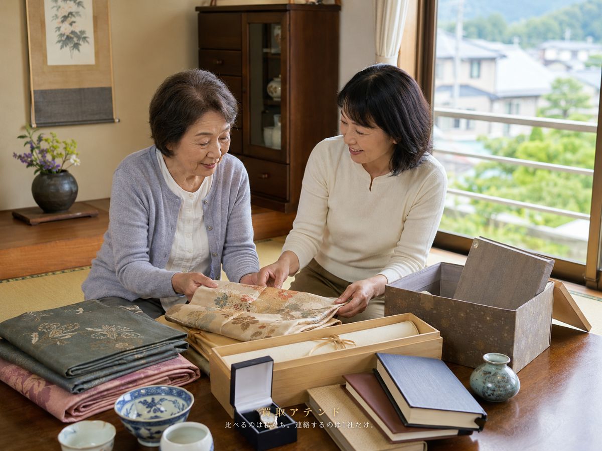 東大和市の戸建てで日本人親子が実家整理の品物を確認しているイメージ