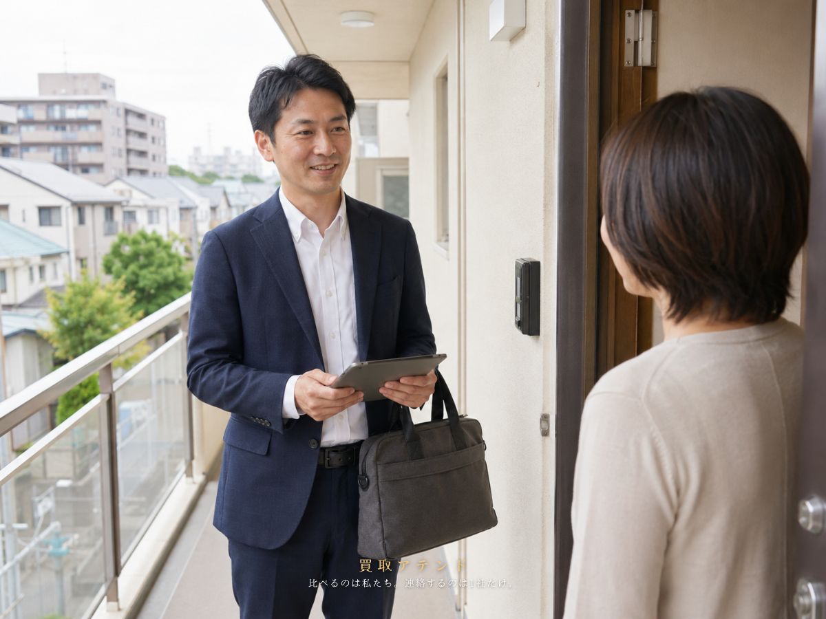 東大和市の低層住宅や集合住宅がある地域へ出張買取スタッフが訪問するイメージ