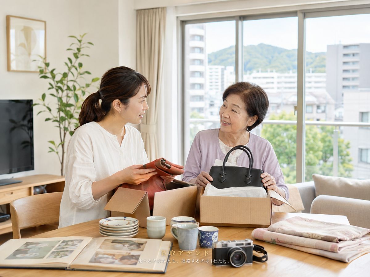 日野市のマンションで日本人親子が出張買取を相談する品物を整理しているイメージ