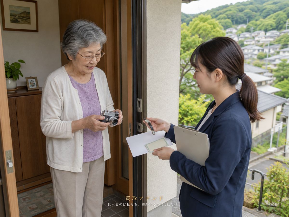 日野市の戸建て玄関で住人が紹介先の出張買取スタッフへ品物を見せるイメージ