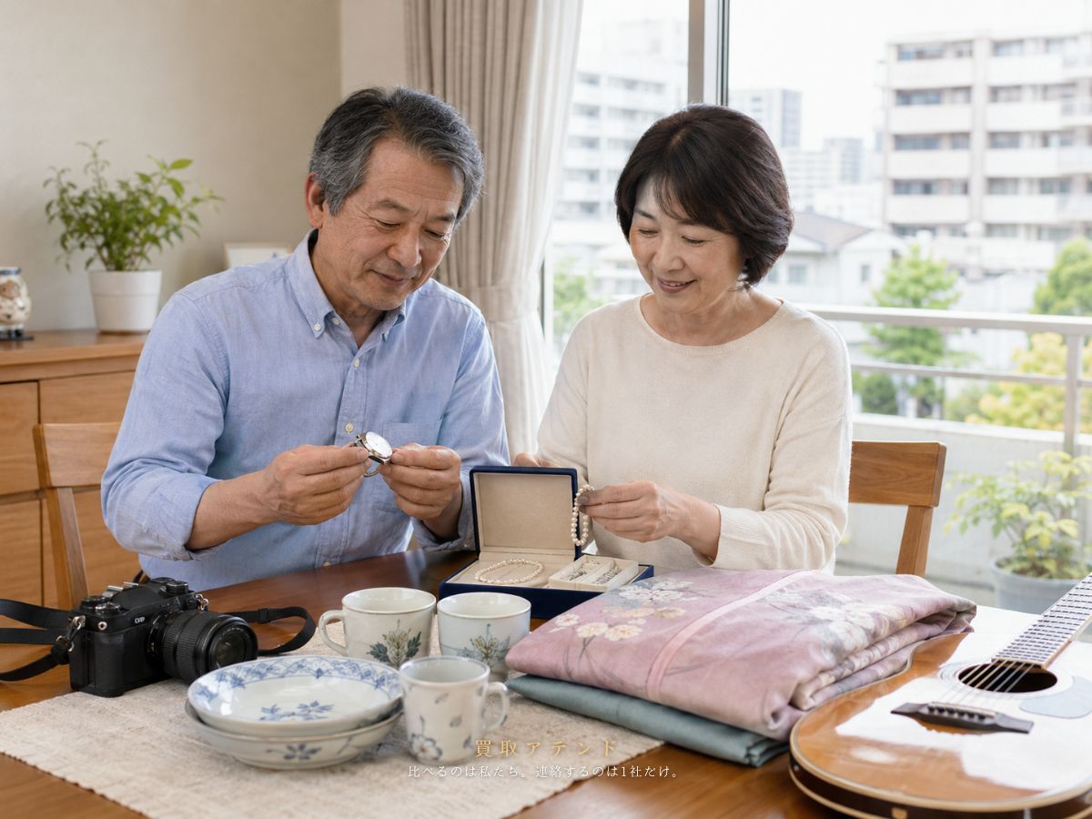 日野市の住まいで出張買取を相談できる時計・カメラ・ジュエリー・着物・食器・楽器を確認するイメージ