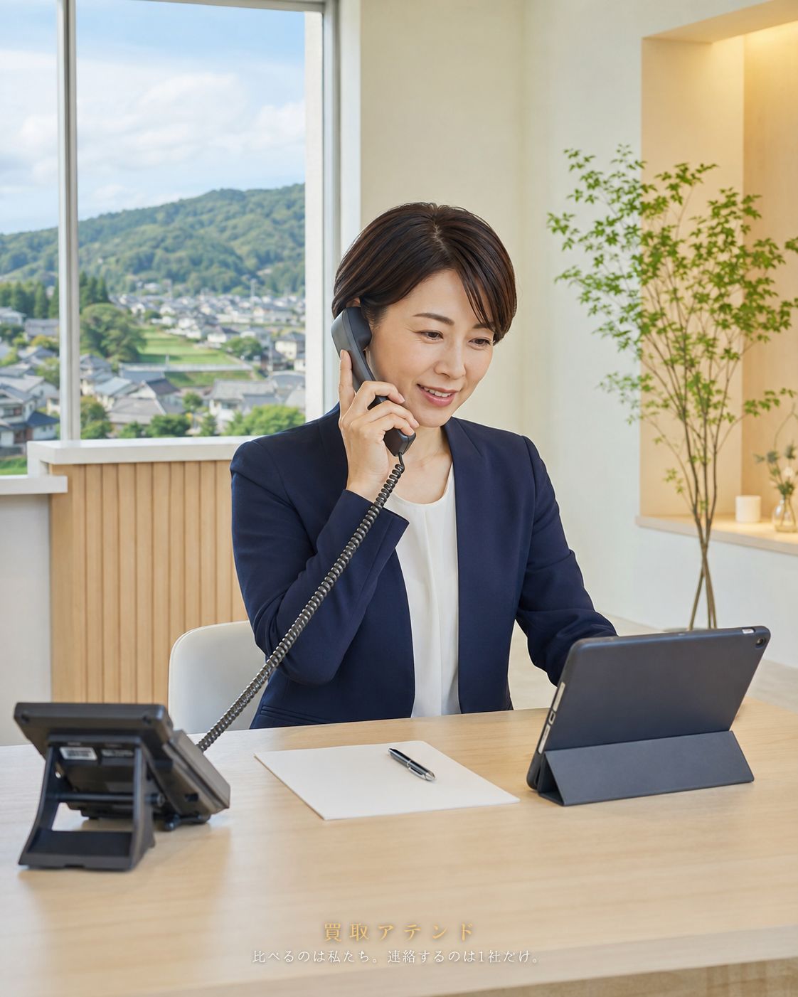 日の出町の出張買取相談を電話確認する日本人スタッフ 日本人スタッフが日の出町の出張買取相談内容を電話で確認しているイメージ