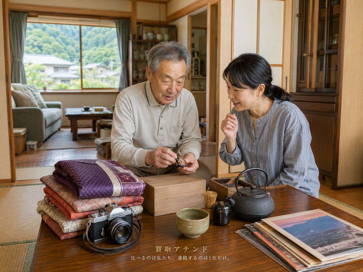 日の出町の自宅で出張買取の相談品を確認するイメージ 日の出町の戸建てで日本人家族が出張買取の相談品を整理しているイメージ