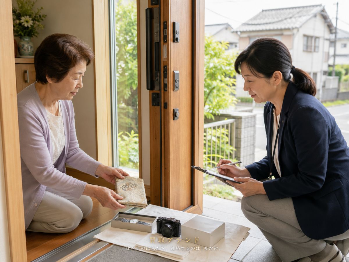 日の出町の玄関で行う出張買取の訪問確認イメージ 日の出町の戸建て玄関で住人が出張買取スタッフと品物を確認するイメージ