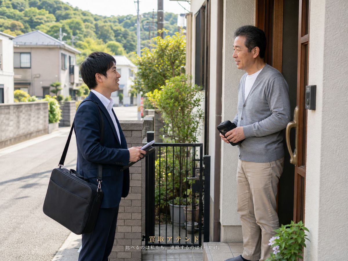 日の出町の住宅地へ出張買取スタッフが訪問するイメージ 日の出町の緑が見える住宅地へ出張買取スタッフが訪問するイメージ