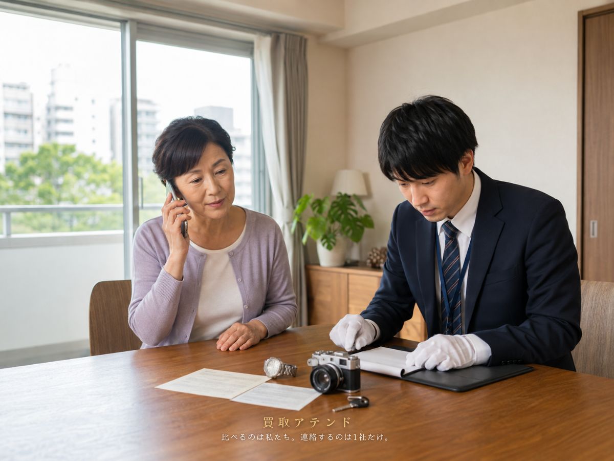 日の出町の出張買取相談前に電話とメモで確認するイメージ 日本人家族が日の出町の出張買取相談内容を電話とメモで確認しているイメージ