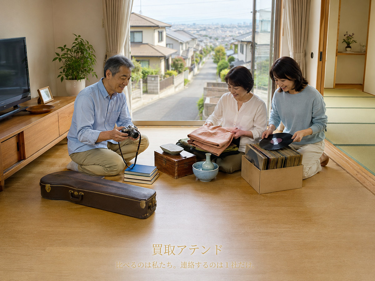 平塚市の自宅で出張買取の相談品を確認するイメージ 平塚市の丘陵側の住宅で日本人家族が着物やカメラ、レコード、食器を確認しているイメージ