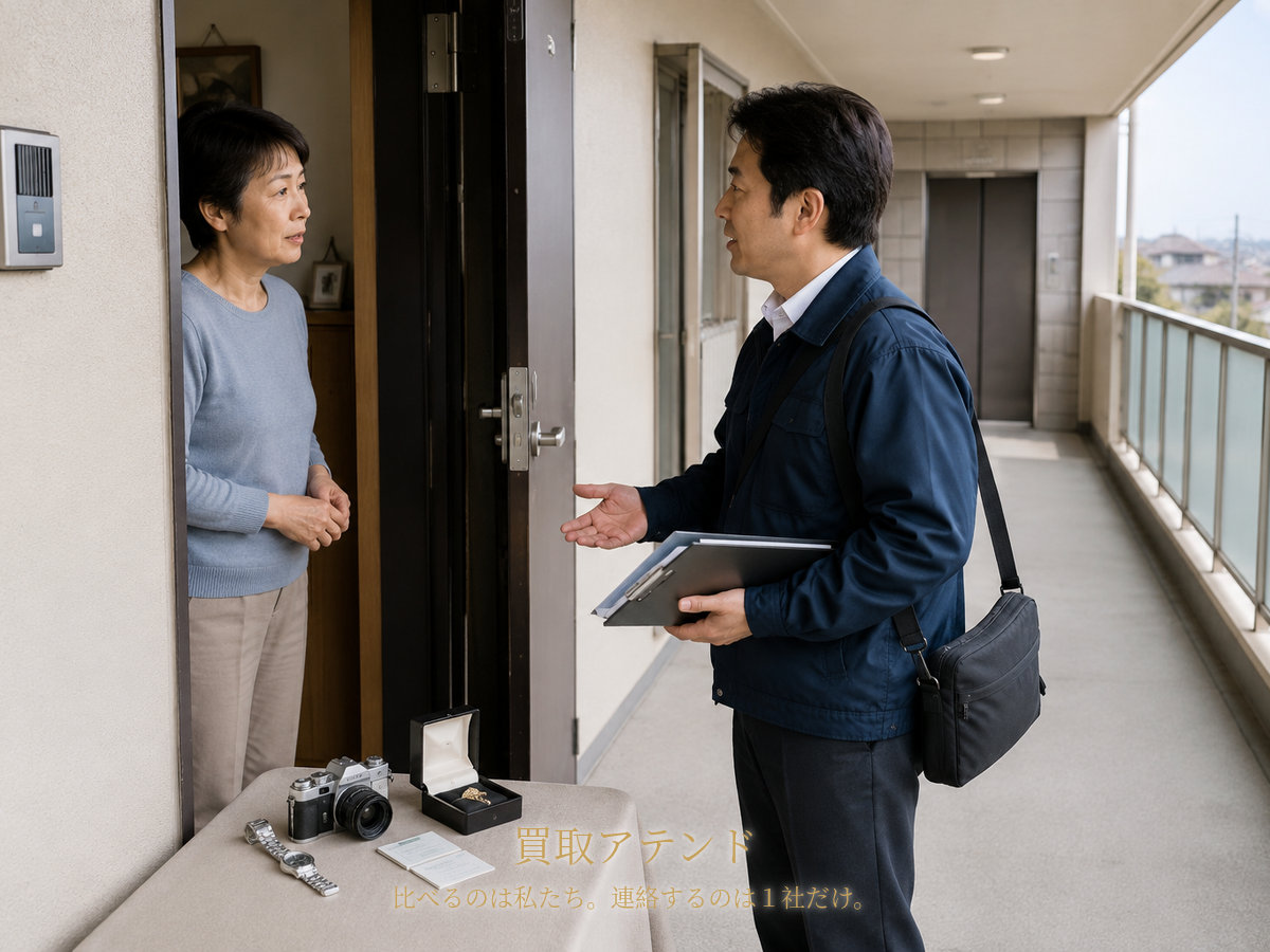 平塚市の集合住宅玄関で行う出張買取査定のイメージ 平塚市の集合住宅玄関で住人が室内側、紹介先スタッフが共用廊下側から品物を確認するイメージ