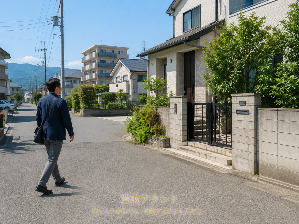 平塚市の住宅街へ出張買取スタッフが訪問するイメージ 平塚市の住宅街で日本人スタッフが出張買取の訪問先へ向かうイメージ