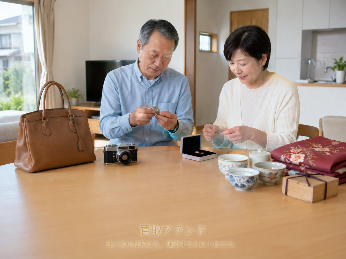 平塚市で出張買取を相談する品物のイメージ 平塚市の自宅で日本人夫婦が時計やカメラ、ジュエリー、着物、食器を確認しているイメージ