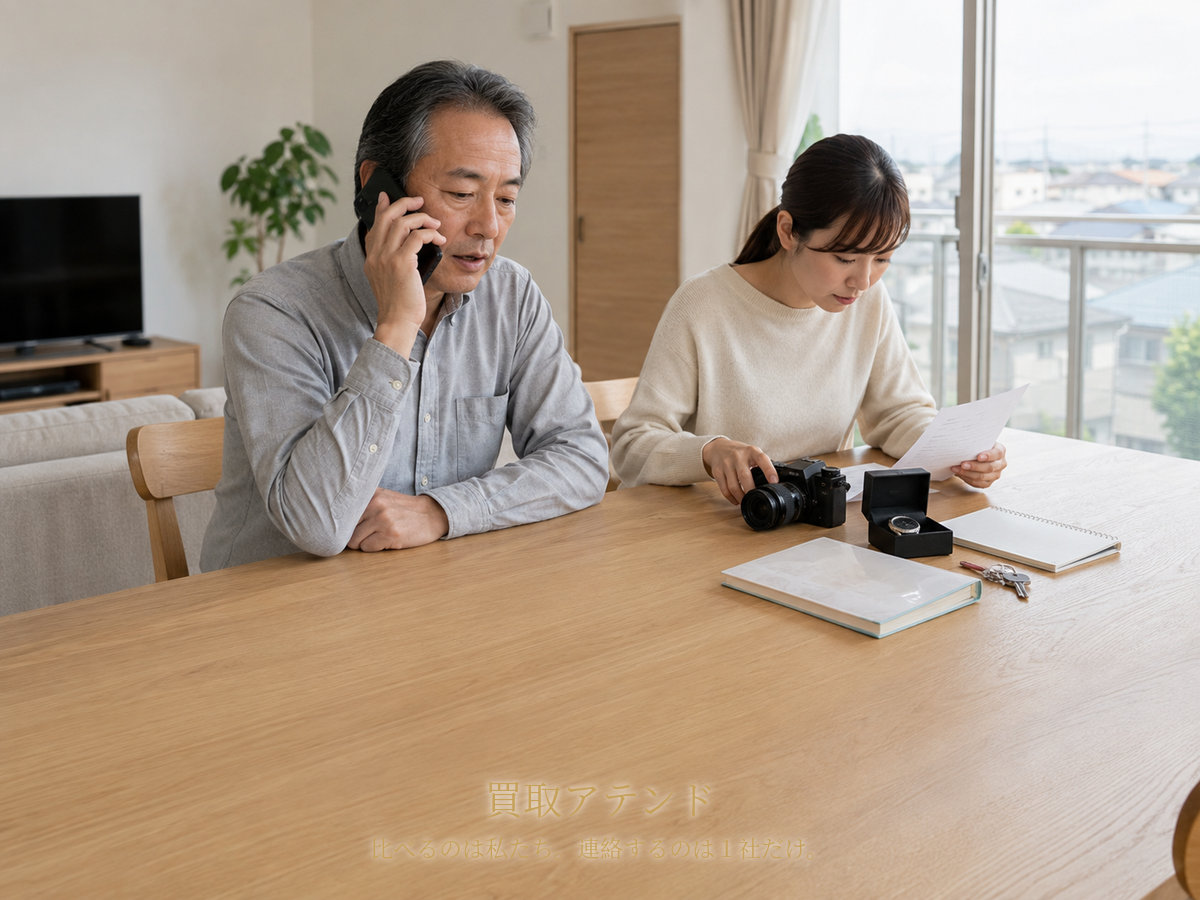 平塚市の出張買取相談前に確認事項を整理するイメージ 平塚市の自宅で日本人親子が電話と書類、鍵、カメラを確認しているイメージ