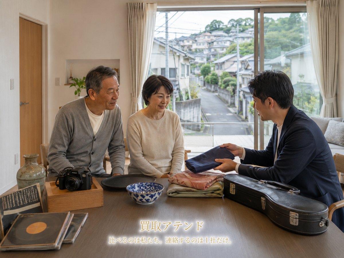 日本人家族が保土ケ谷区の丘陵住宅地の自宅で着物やカメラ、食器などの相談品を確認しているイメージ