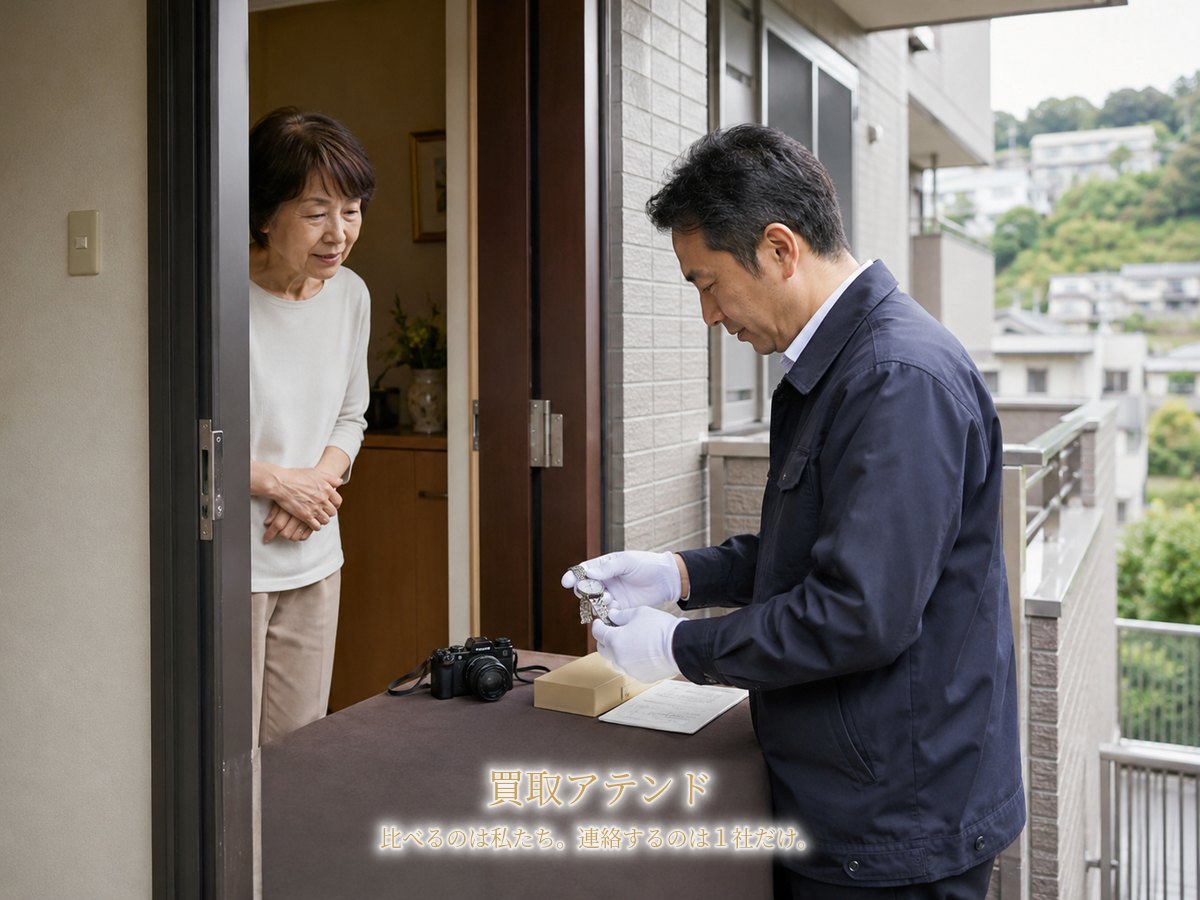 保土ケ谷区の集合住宅玄関で住人が室内側、出張買取スタッフが共用廊下側から品物を確認するイメージ