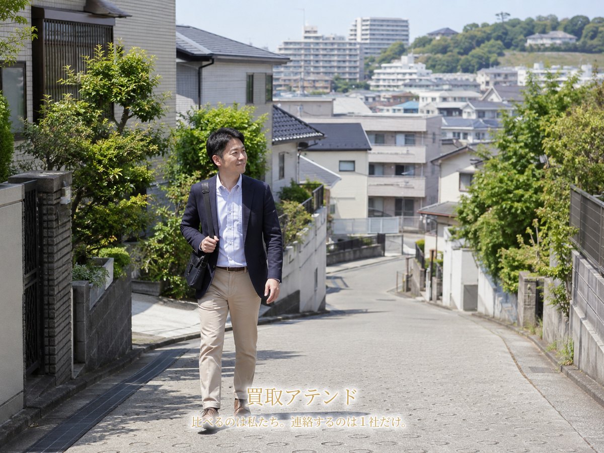 保土ケ谷区の坂のある住宅街を出張買取スタッフが住宅へ向かって歩くイメージ