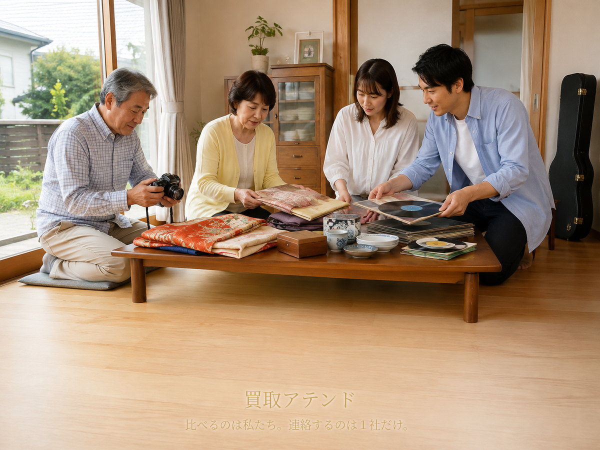 市川市の戸建てで日本人家族が着物や食器、カメラ、レコードなどの相談品を確認しているイメージ