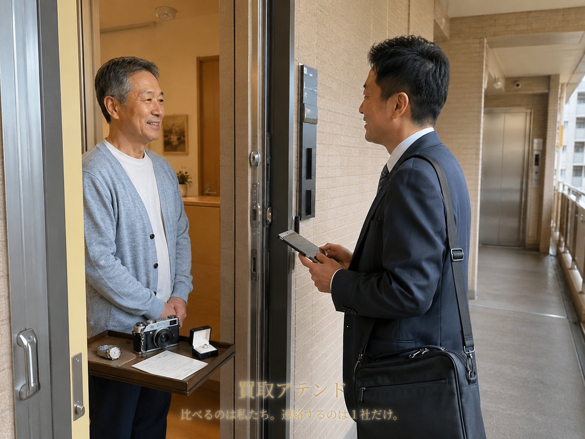 市川市の集合住宅の玄関で住人が室内側、紹介先スタッフが共用廊下側から品物を確認するイメージ