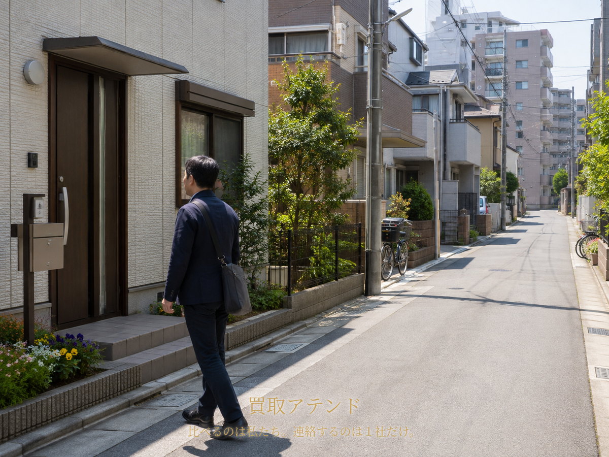 市川市の戸建てと集合住宅が混在する住宅街で出張買取スタッフが訪問先へ向かうイメージ